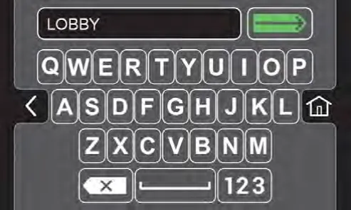 Keyboard screen for naming a preset zone LOBBY, with a green arrow to save