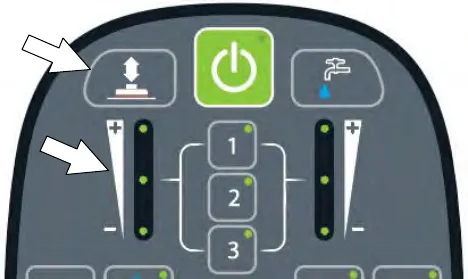 Brush pressure button and brush pressure indicator LEDs on the Pro-Membrane control panel