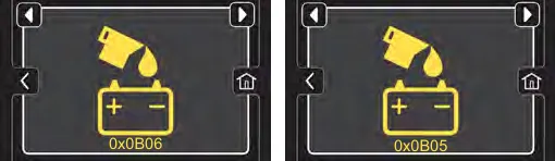 Yellow automatic battery watering fault screens with codes 0x0B06 and 0x0B05