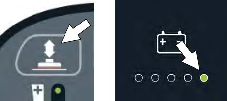 Brush pressure button with arrow, and the battery discharge indicator with the far right LED lit