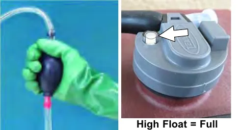 Squeezing the bulb on the hand pump hose, and the indicator float high when full