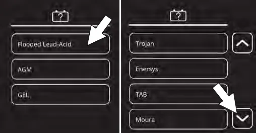 Battery type and brand selection screens with up and down arrows