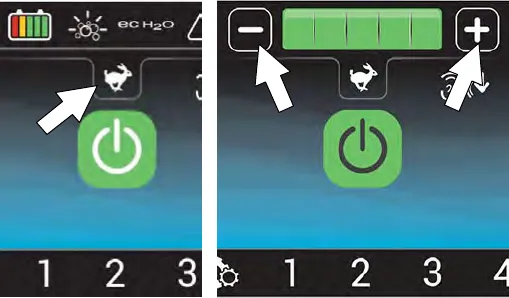 Maximum scrub speed button, and the maximum scrub speed screen with plus and minus buttons
