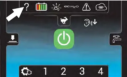 Home screen at start up with the help button marked