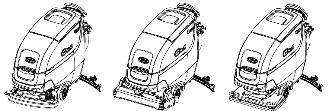 Three T500 drawings: dual disk scrub head, cylindrical brush scrub head and orbital pad scrub head