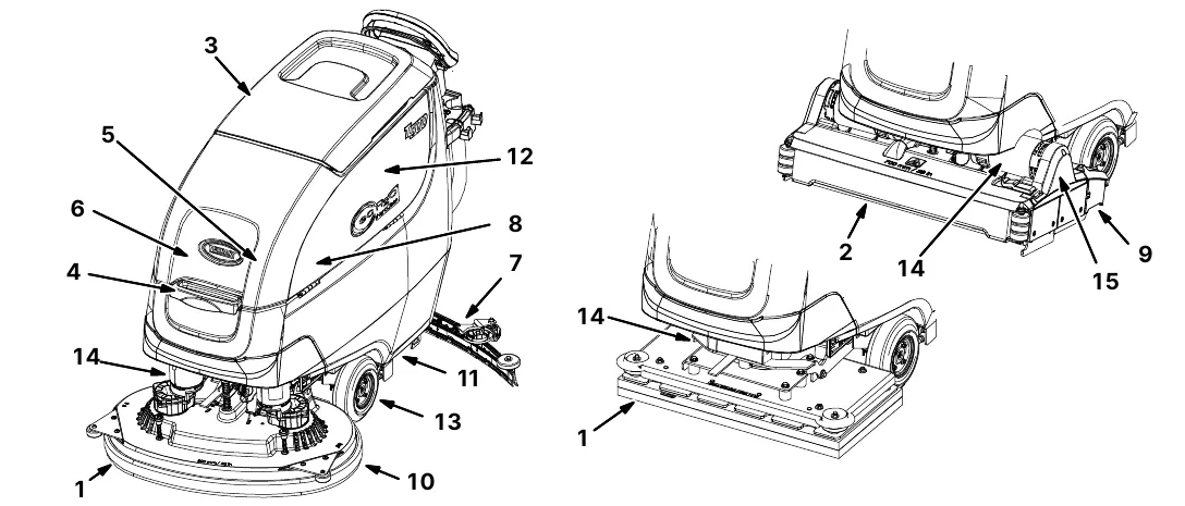 T500 maintenance chart drawings with callouts 1 to 15 showing pads, brushes, tanks, squeegee, batteries, motors and brush belt on the disk, cylindrical and orbital models