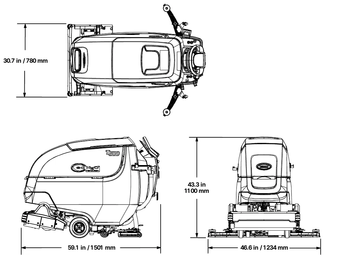 T500 cylindrical brush model dimension drawings: top view with width 30.7 in (780 mm), side view with length 59.1 in (1501 mm), front view with squeegee width 46.6 in (1234 mm) and height 43.3 in (1100 mm)