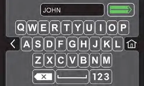 Keyboard screen for entering the new user profile name with the green enter button