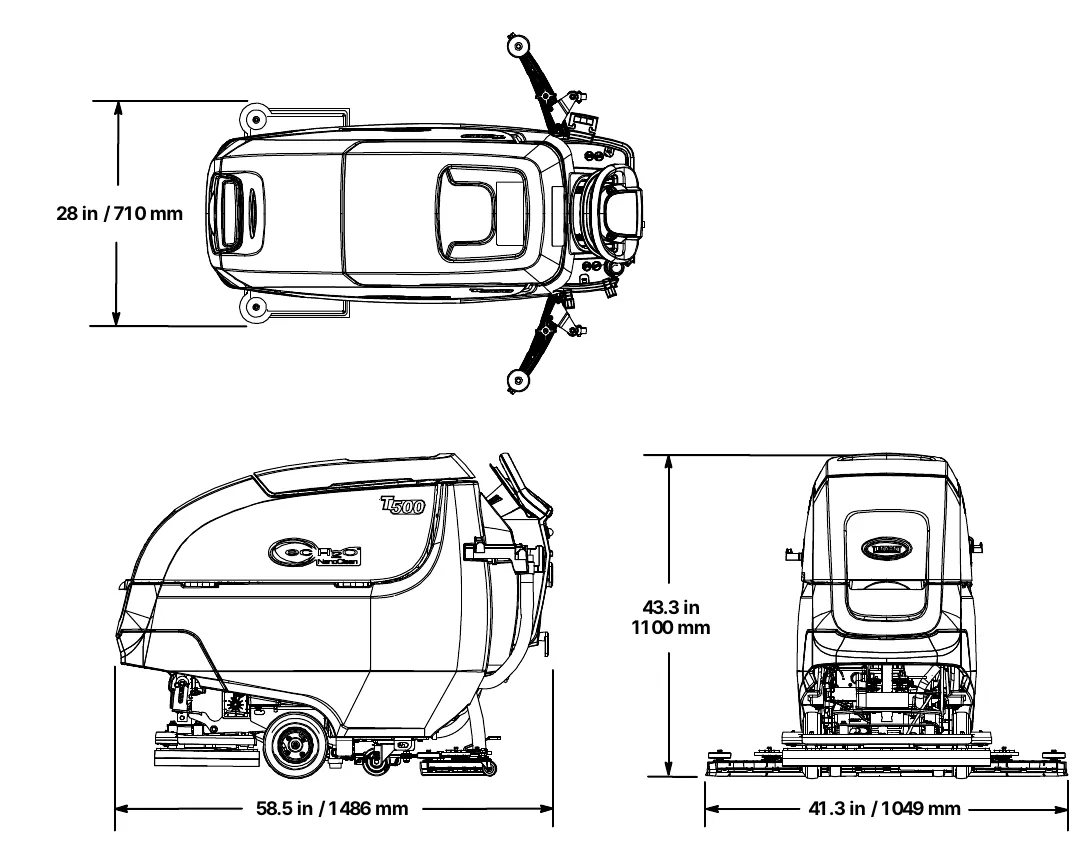 T500 orbital pad model dimension drawings: top view with width 28 in (710 mm), side view with length 58.5 in (1486 mm), front view with squeegee width 41.3 in (1049 mm) and height 43.3 in (1100 mm)