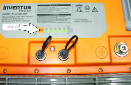 Lithium-ion battery with the power button and battery discharge indicator marked by an arrow