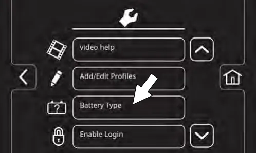 Battery Type button in the machine settings menu
