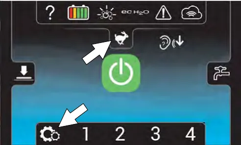 Supervisor Mode home screen with the machine settings button and maximum scrub speed button marked by arrows