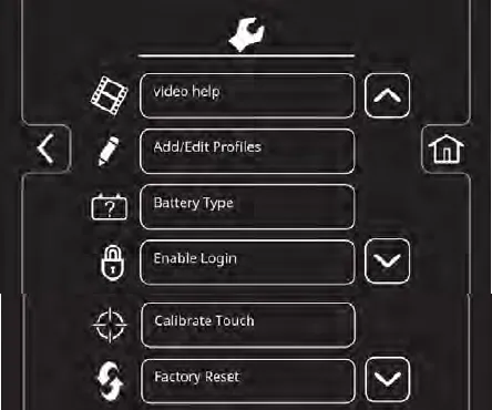 Machine settings menu: video help, add/edit profiles, battery type, enable login, calibrate touch, factory reset