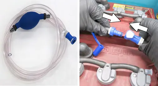 Hand pump hose with bulb, and the hose connected to the battery fill hose coupler