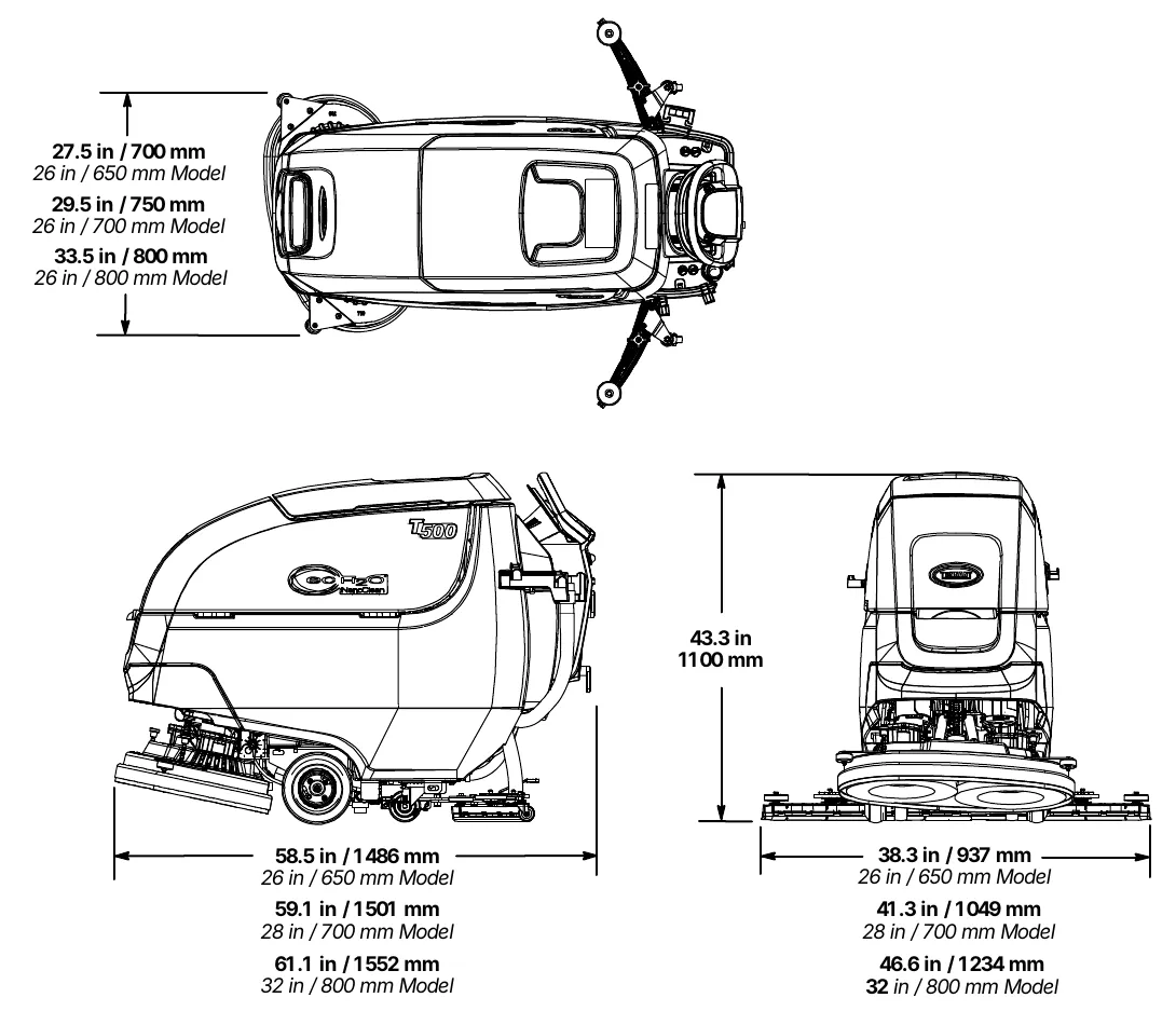 T500 dual disk model dimension drawings: top view with overall width, side view with length, front view with squeegee width, and overall height of 43.3 in (1100 mm)