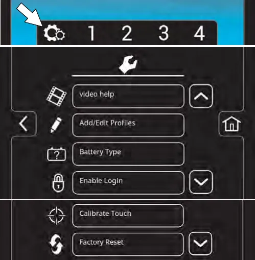 Machine settings button and the settings menu: video help, add/edit profiles, battery type, enable login, calibrate touch, factory reset
