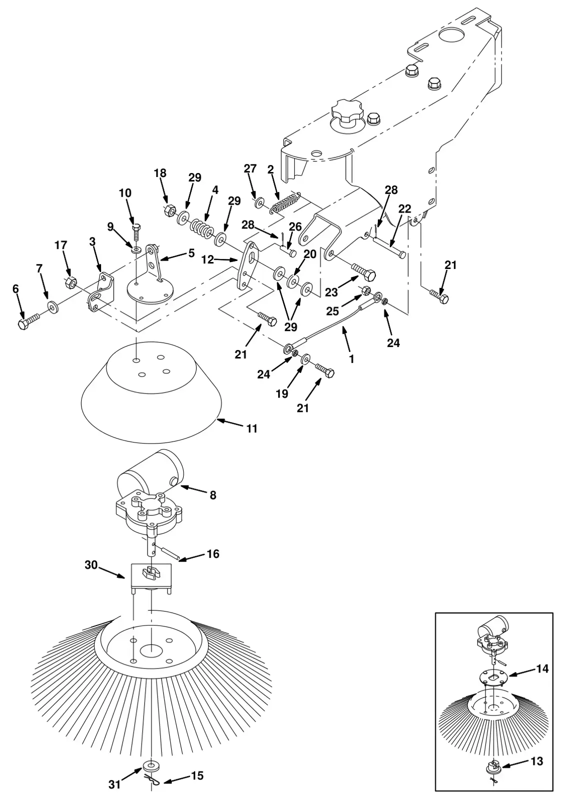 Tennant 8300 left side brush motor and pivot group (option) drawing, manual page 3-26