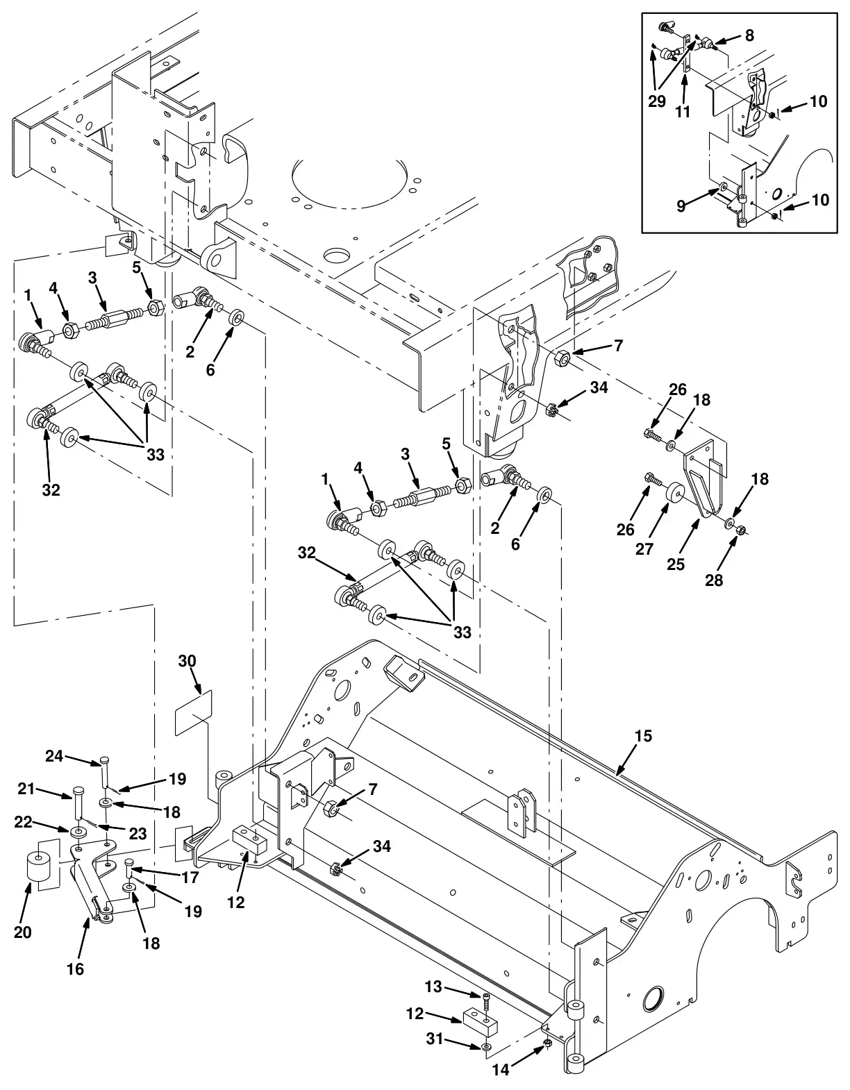 Tennant 8300 max pro 1000 (cylindrical brush) scrub head frame and linkage group (option) drawing, manual page 3-46