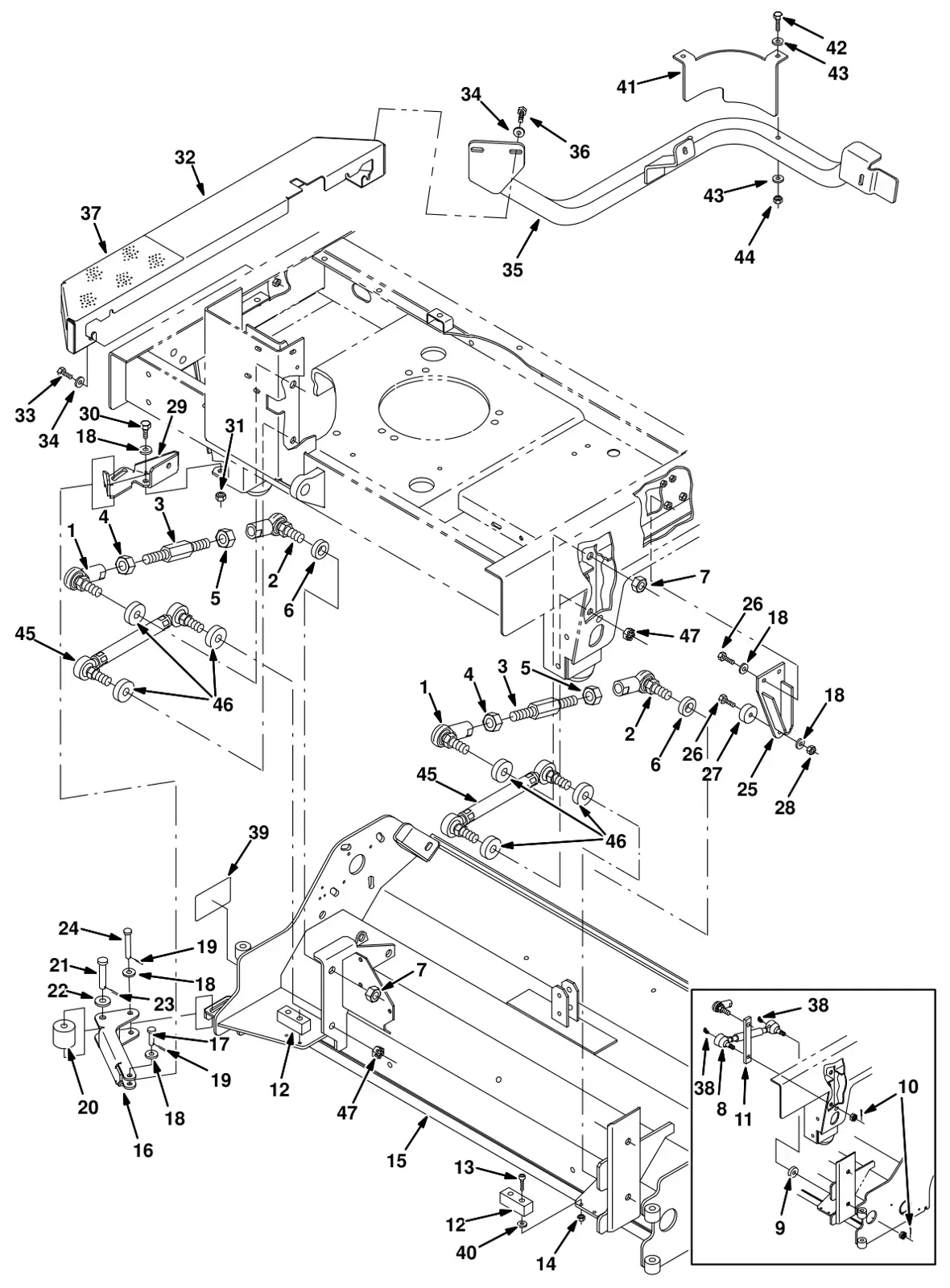 Tennant 8300 max pro 1200 (cylindrical brush) scrub head frame and linkage group (option) drawing, manual page 3-64