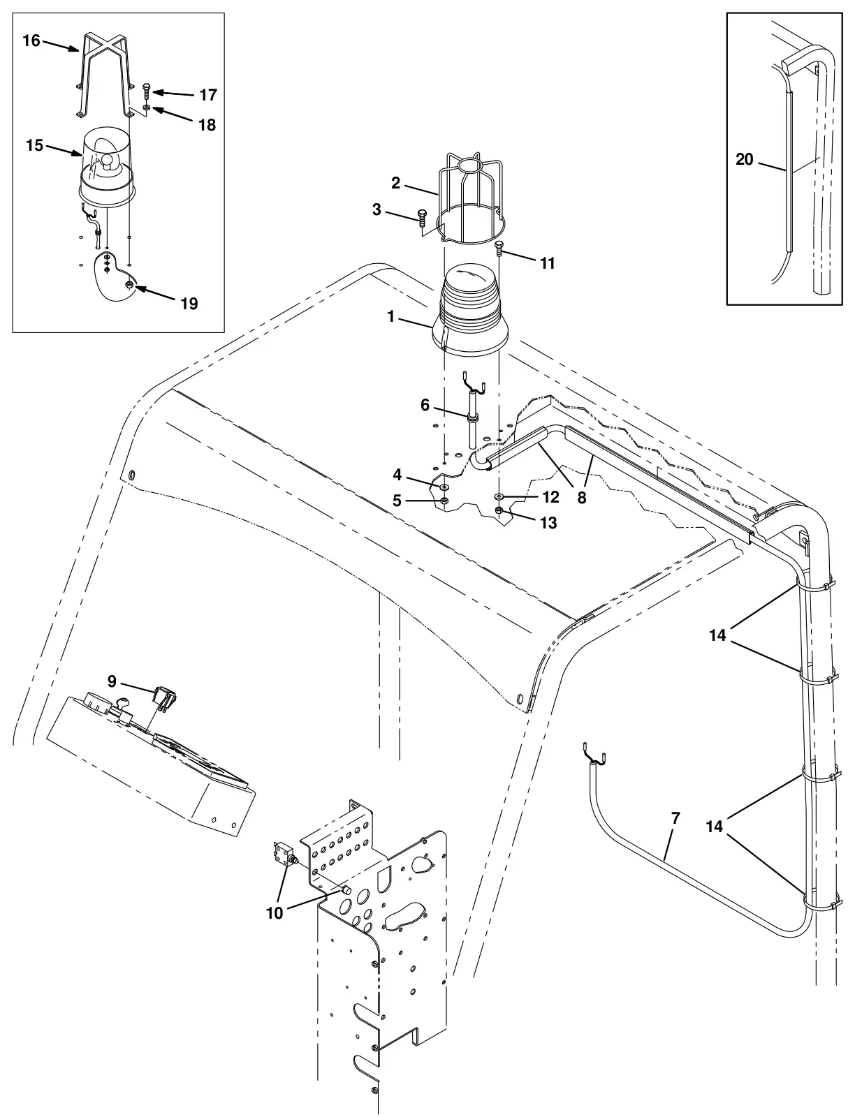 Tennant 8300 revolving light kit, overhead guard (007000 -) (option) drawing, manual page 3-10