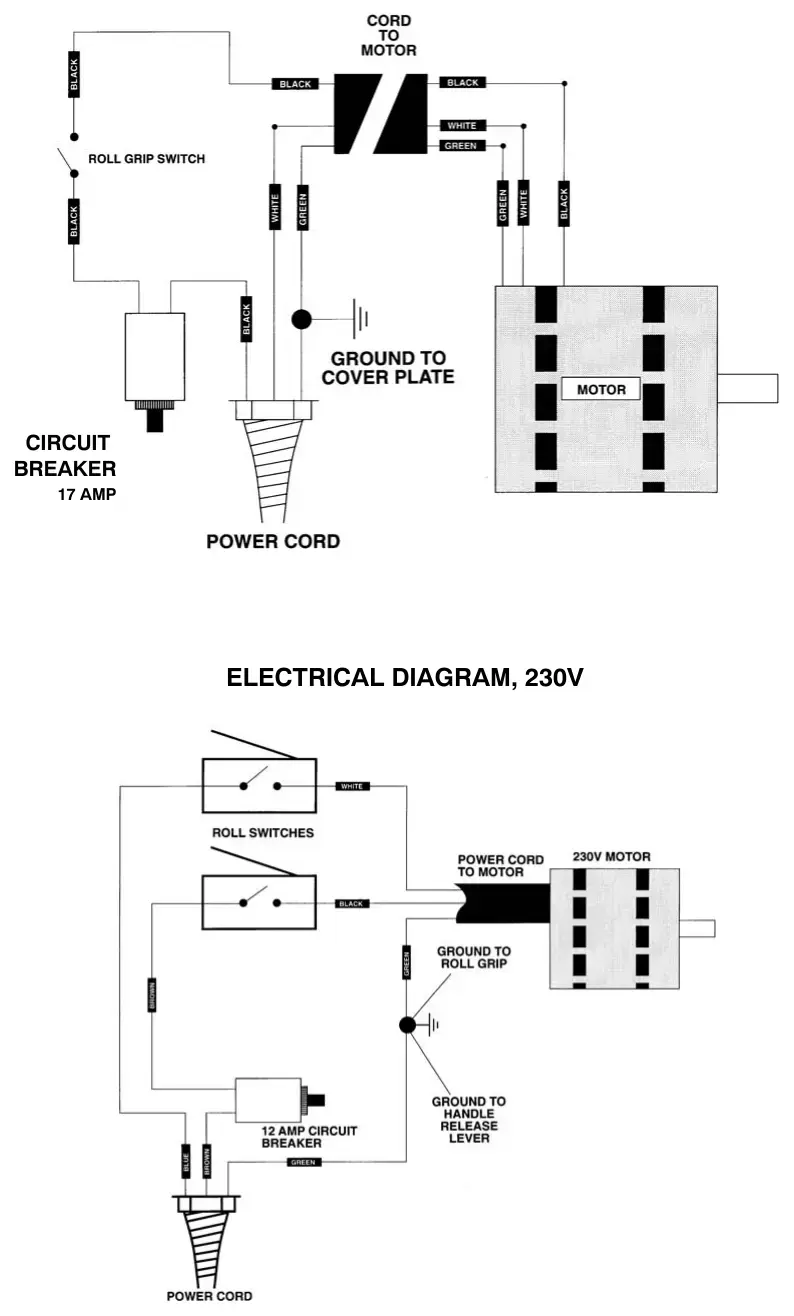 Tennant BR-1600-NDC electrical diagrams (120v and 230v), manual page 14