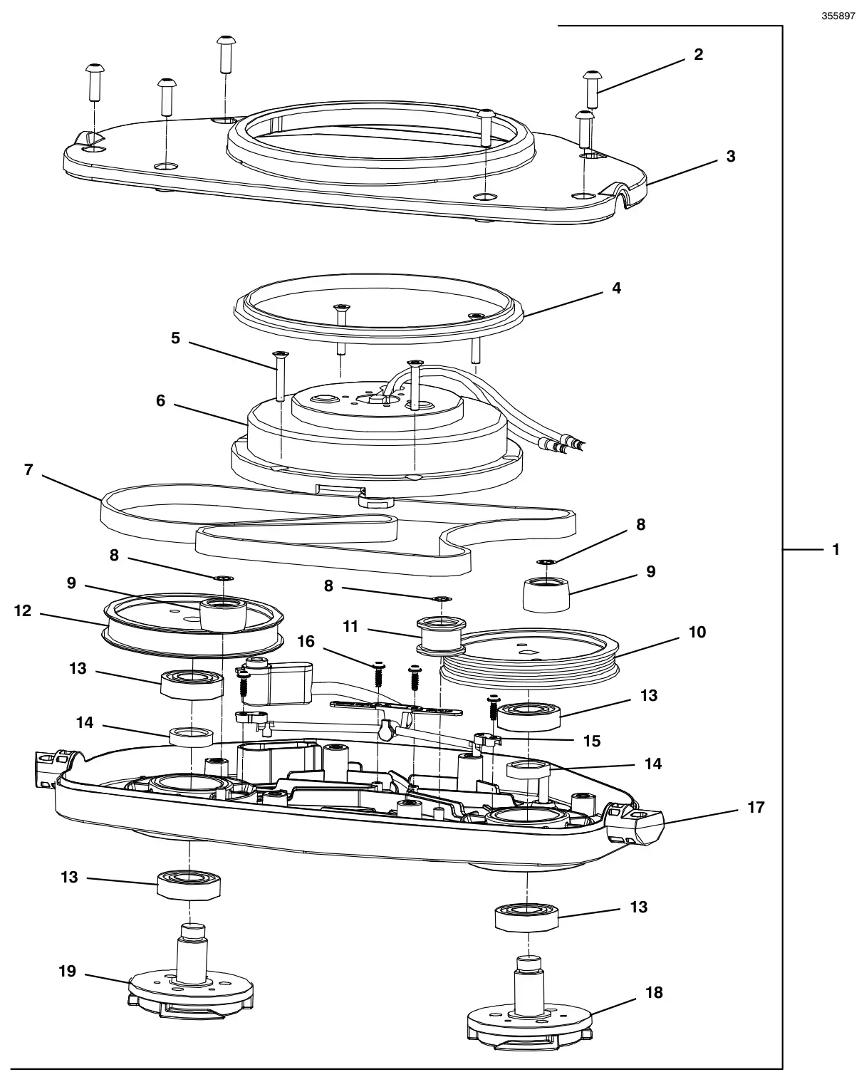 Tennant i-mop Lite scrub head assembly (s/n 800001- and 200001-) drawing, manual page 14