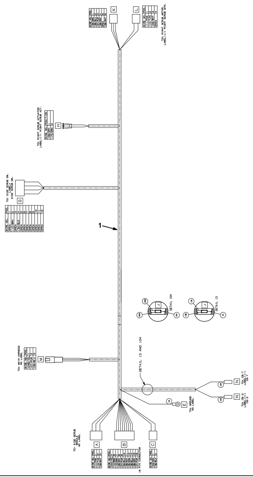 Tennant M17 scrubbing side brush wire harness group (option) drawing, manual page 136