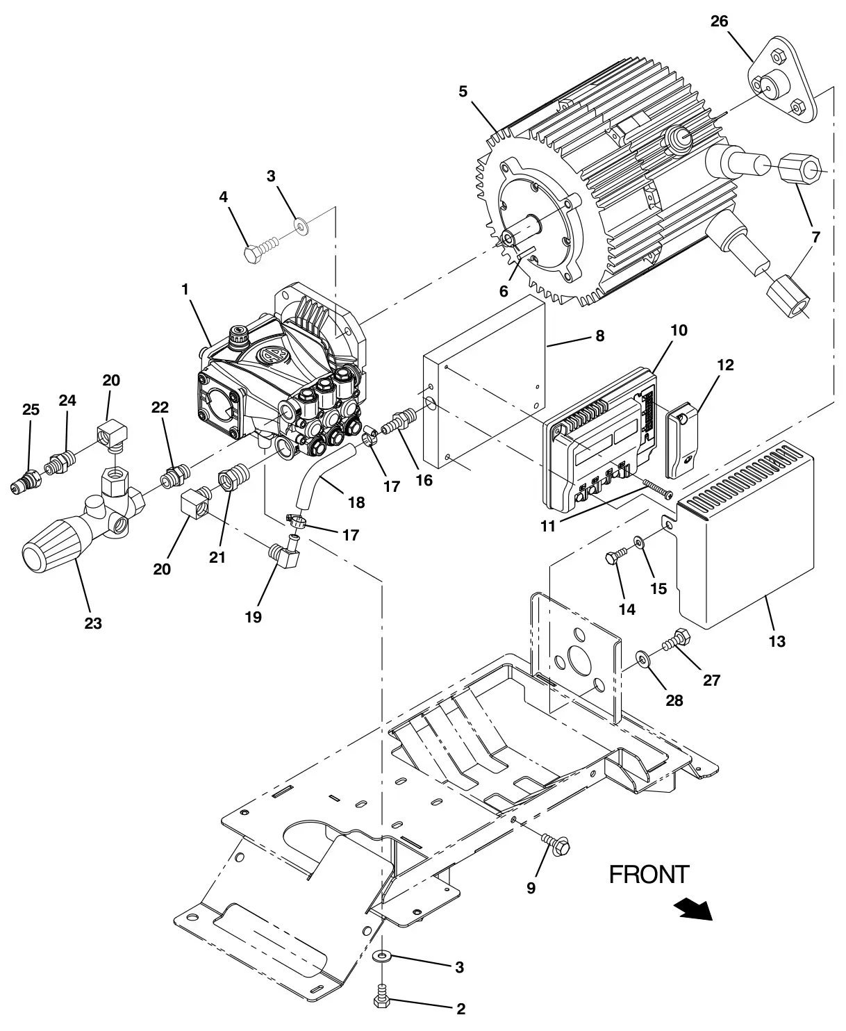 Tennant M17 pressure washer motor and pump group (011000 -) (option) drawing, manual page 182