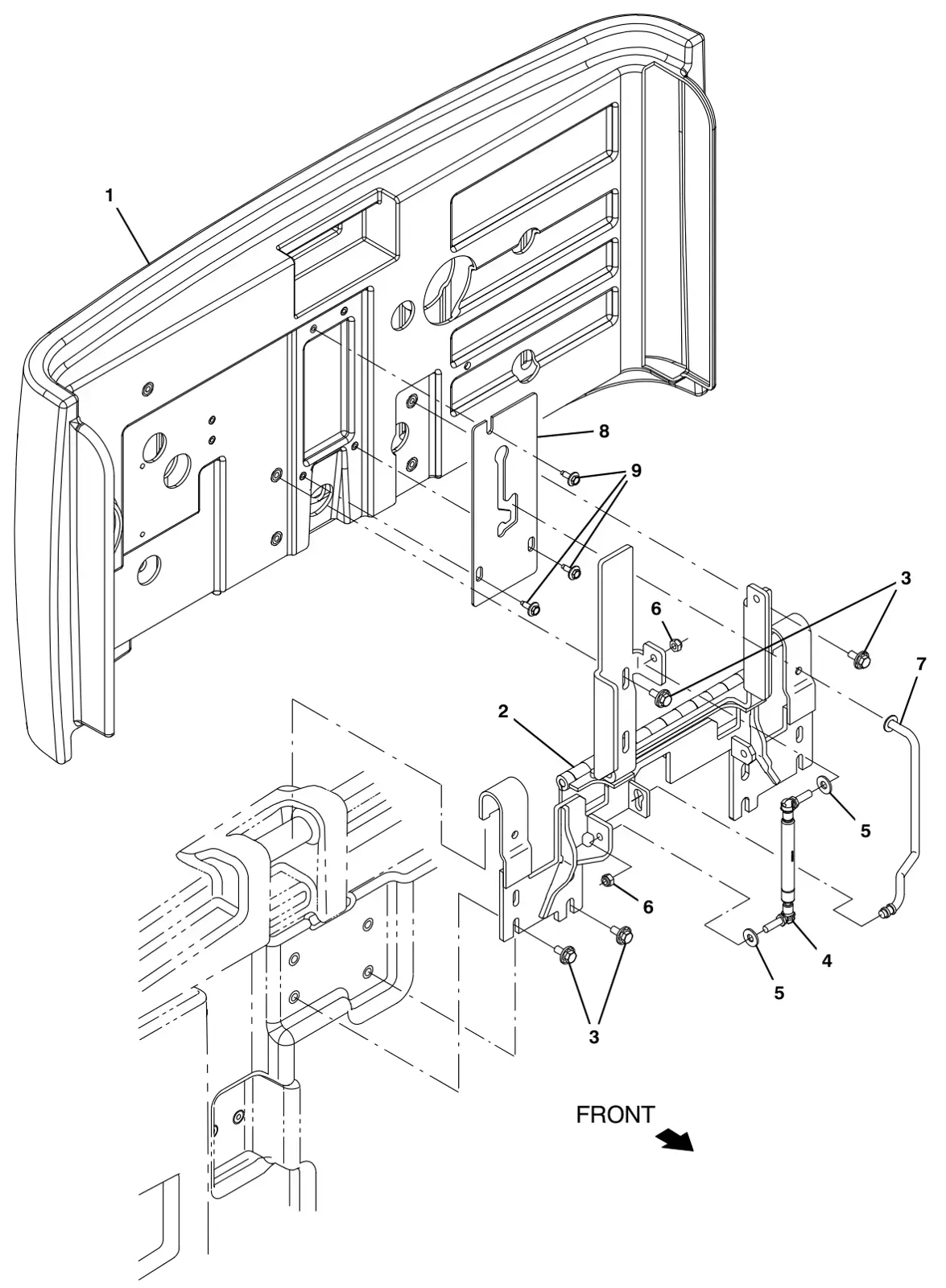Tennant M17 dry vacuum rear cover and hinge group (012000 -) (option) drawing, manual page 202