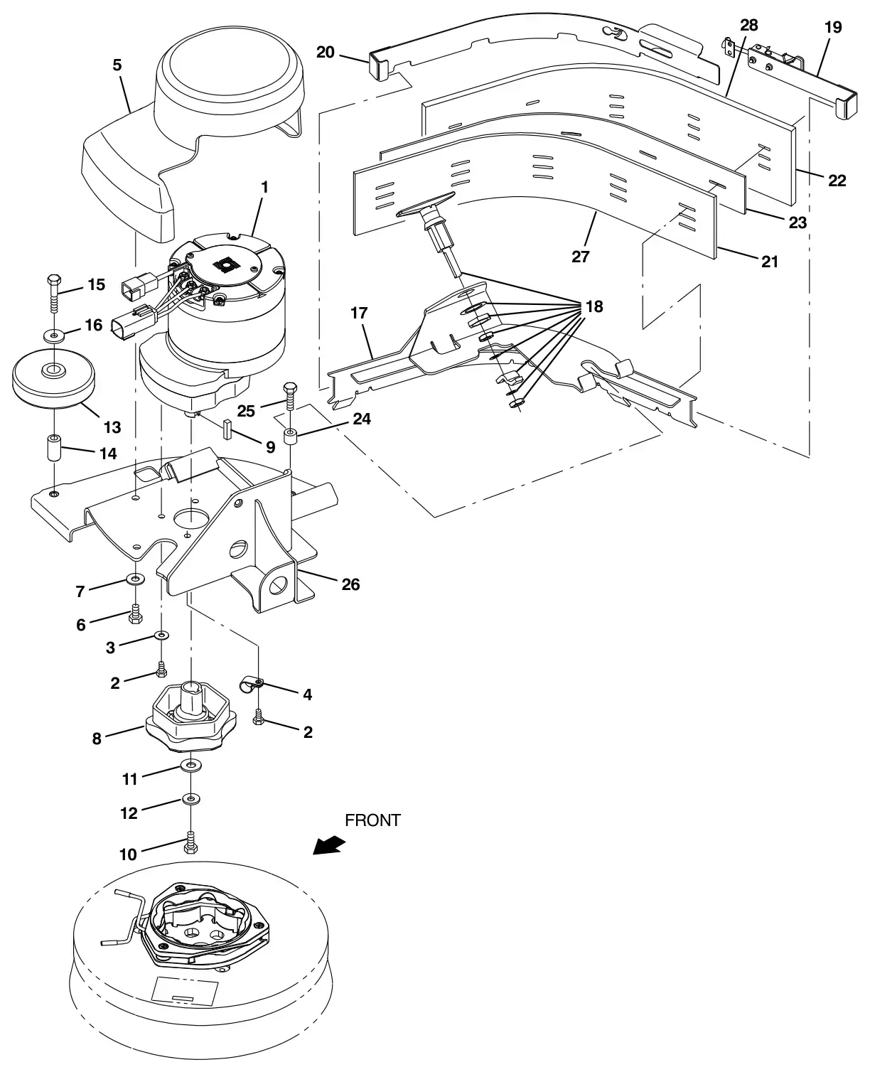 Tennant M17 scrubbing side brush motor and squeegee group (option) drawing, manual page 128