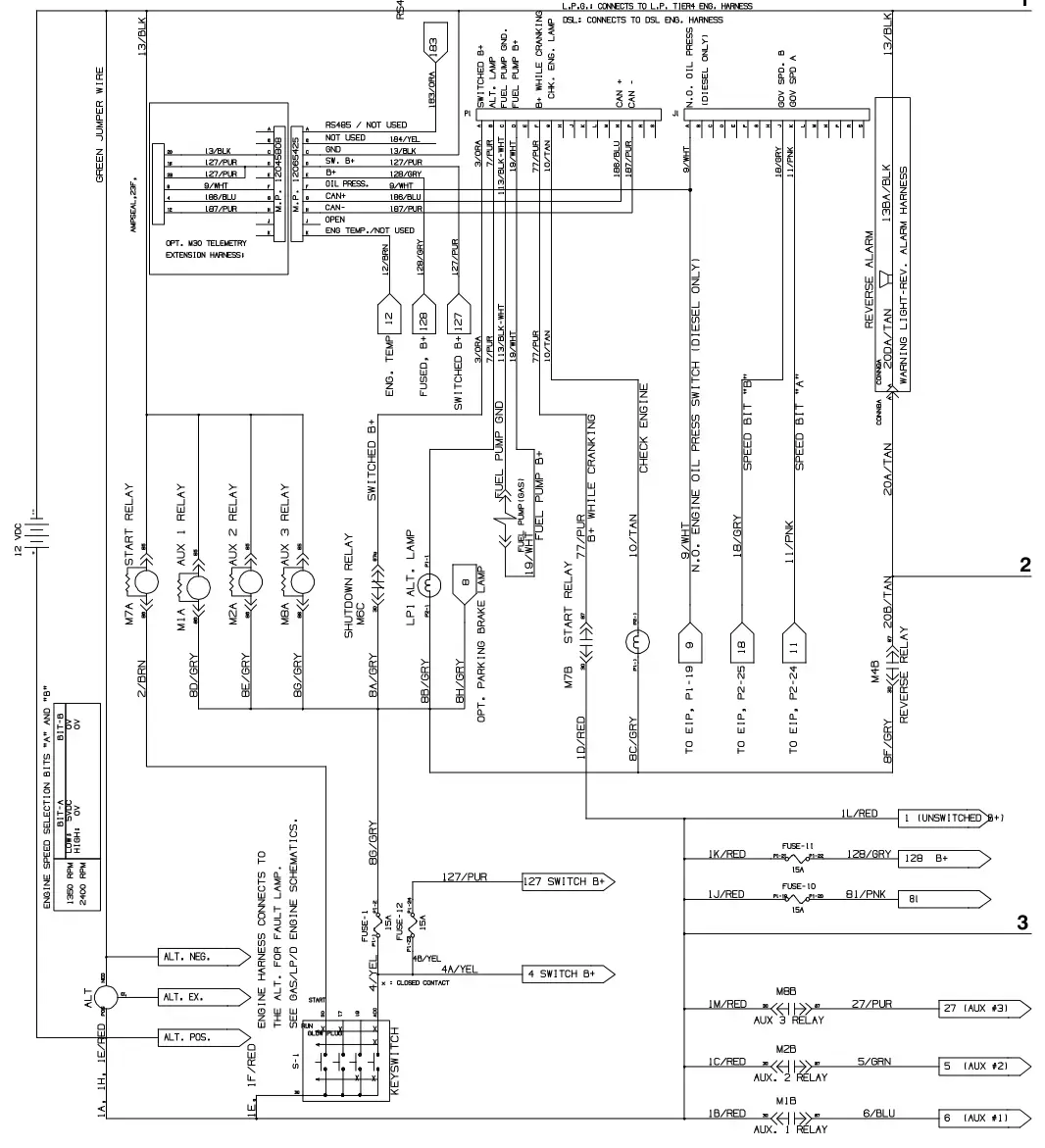 Tennant M30 Diesel electrical schematic, (001545- 003999), sheet 1, manual page 141
