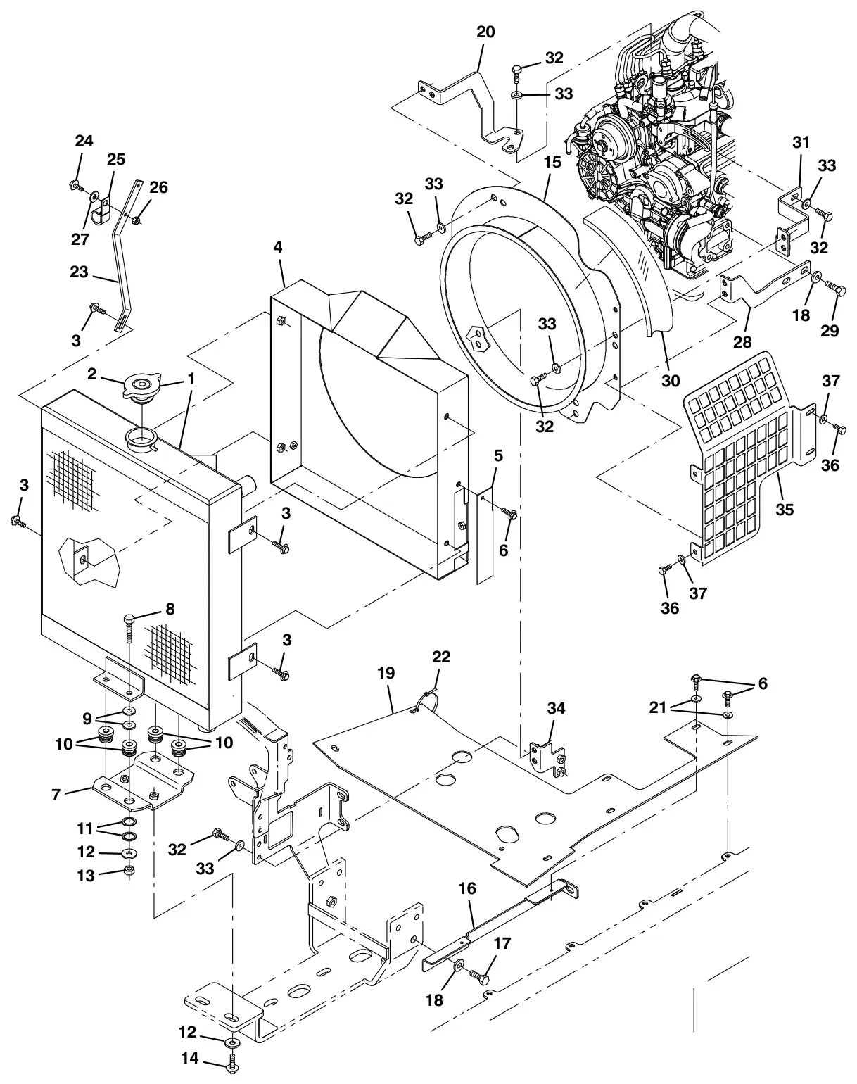 Tennant M30 Diesel engine radiator group, diesel (001250- 004037) drawing, manual page 46