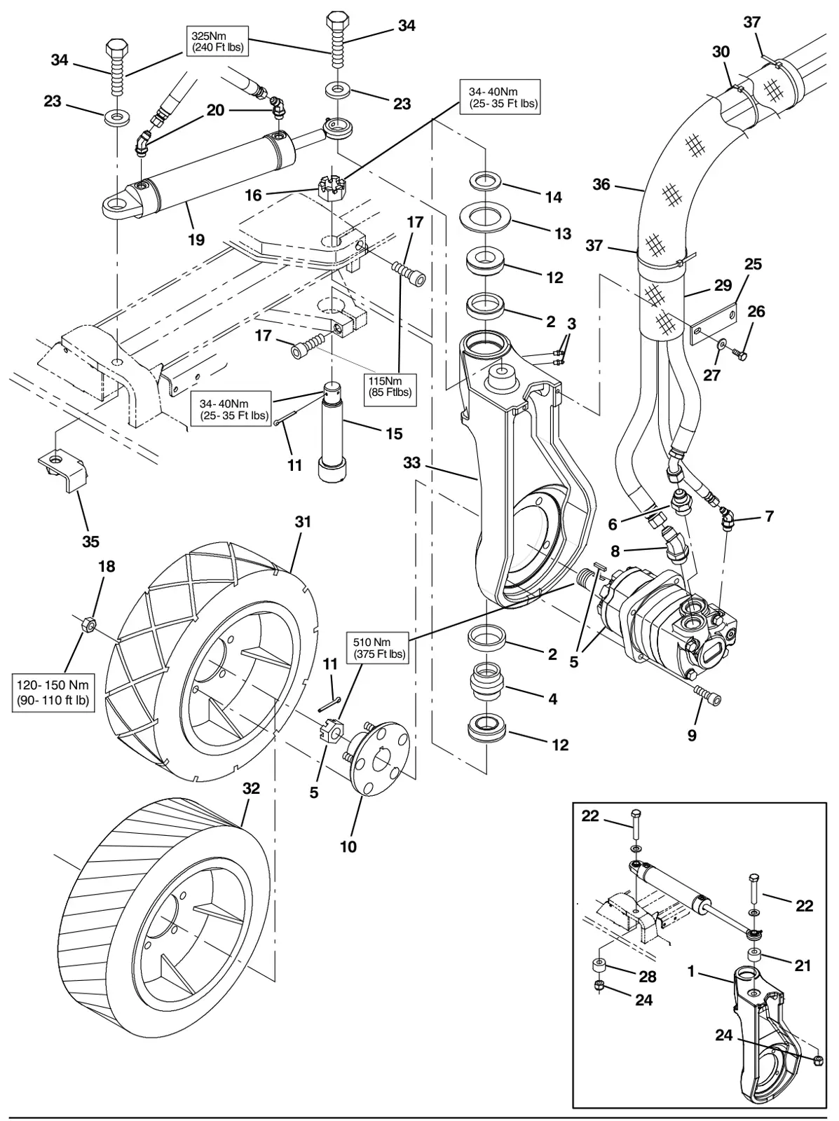 Tennant M30 Diesel wheel group, front drive drawing, manual page 54