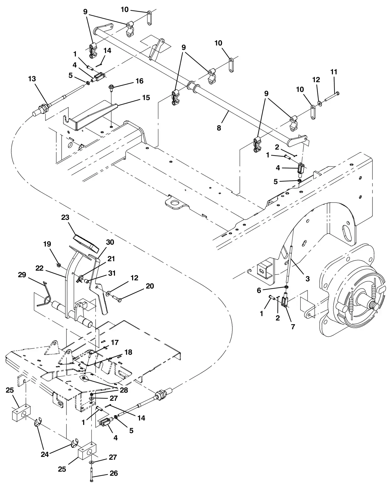 Tennant M30 Diesel brake pedal linkage group drawing, manual page 58