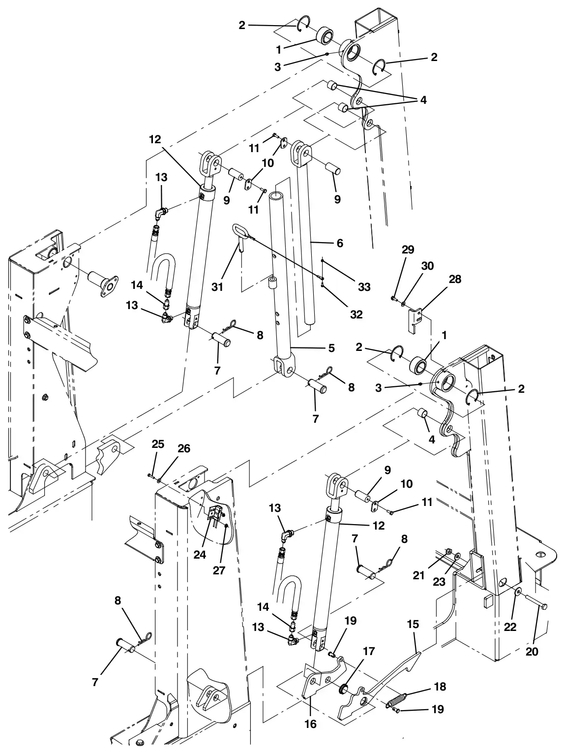 Tennant M30 Diesel hopper lift arms group drawing, manual page 62