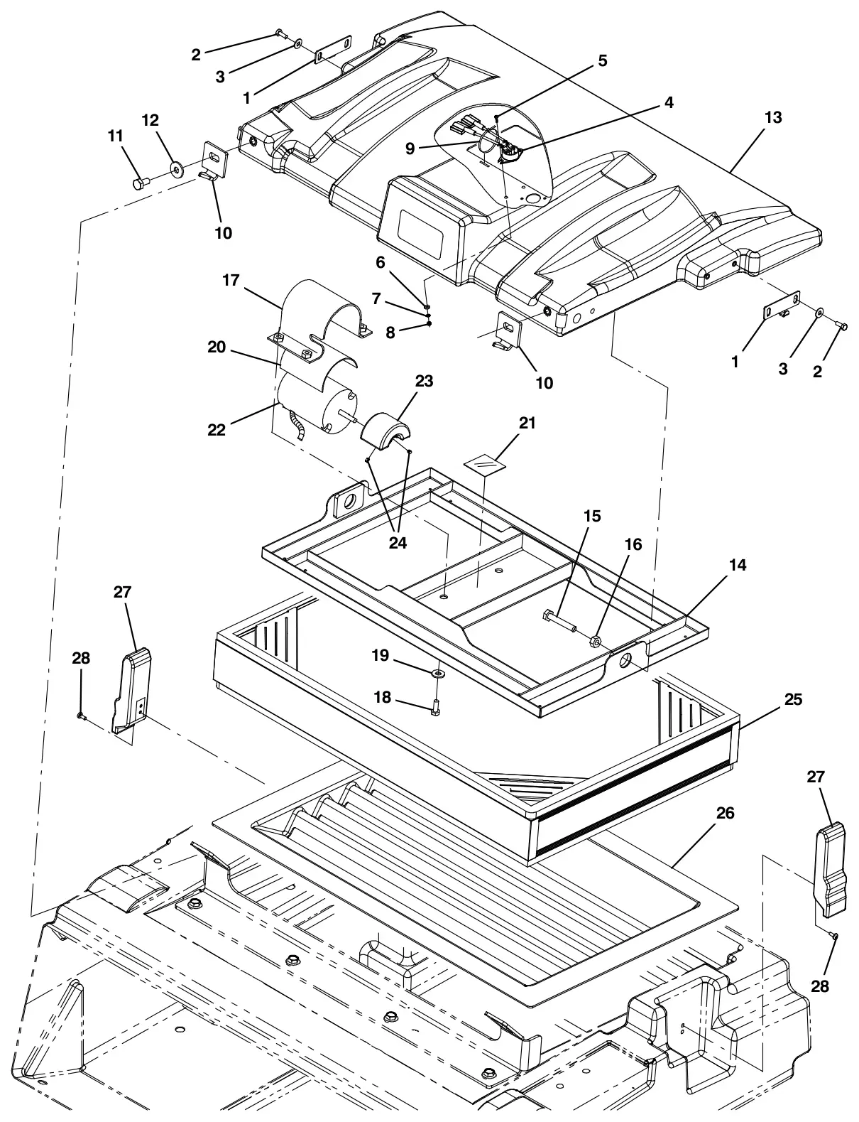 Tennant M30 Diesel hopper cover and dust filter group drawing, manual page 66