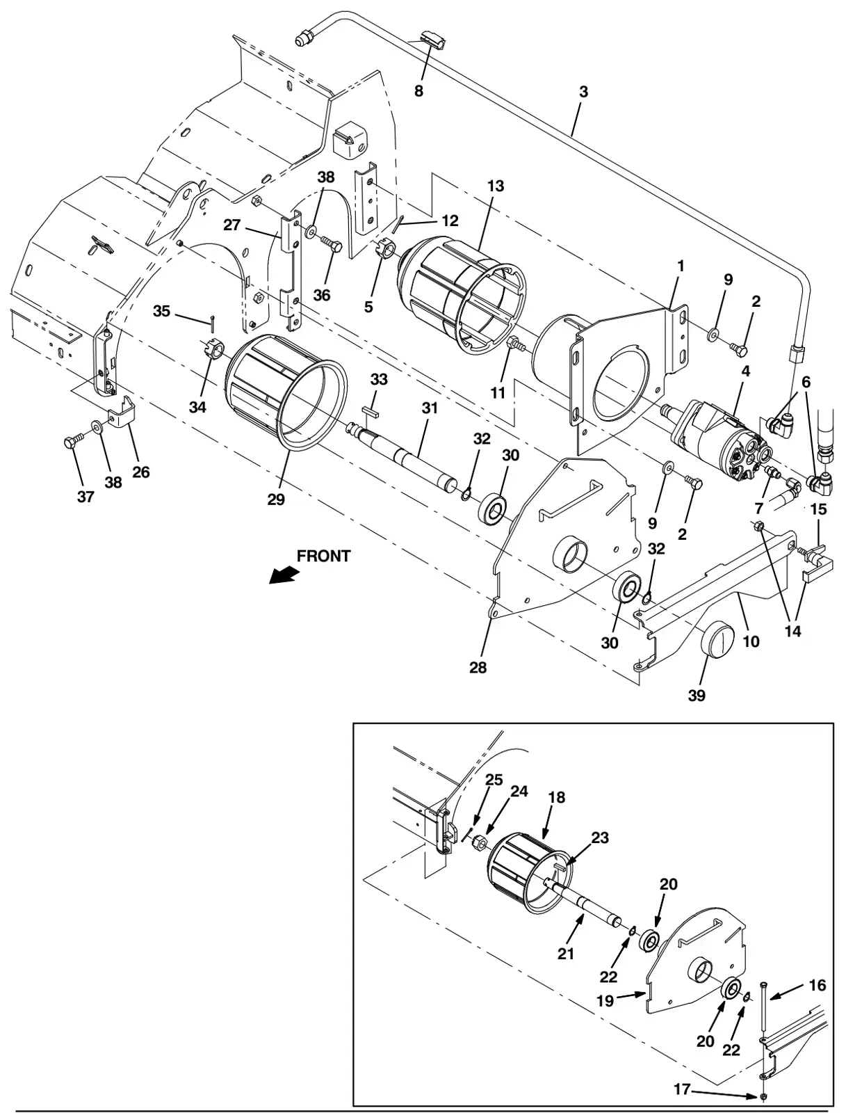 Tennant M30 Diesel brush drive group, left side drawing, manual page 72