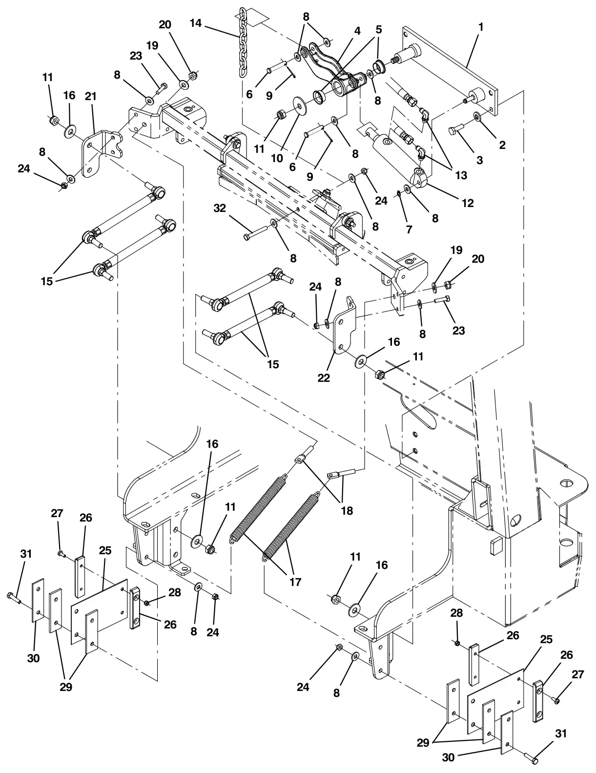Tennant M30 Diesel squeegee lift group, rear drawing, manual page 80