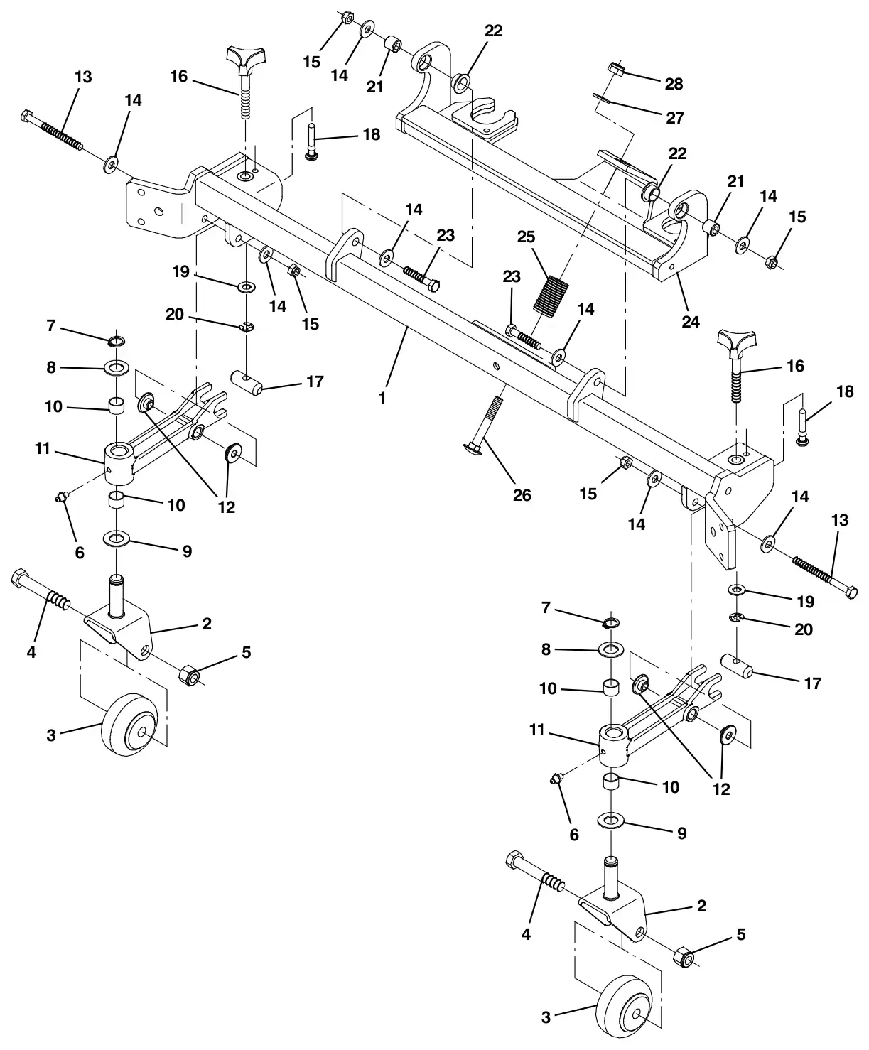 Tennant M30 Diesel squeegee linkage group, rear drawing, manual page 84