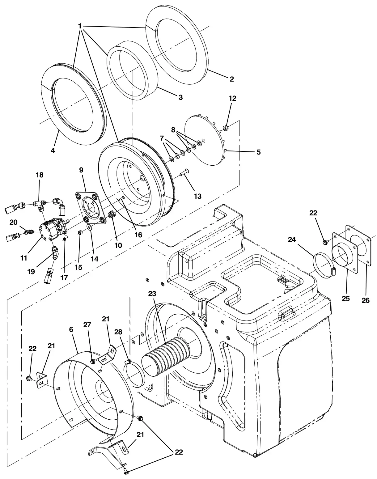 Tennant M30 Diesel vacuum fan group, scrubbing (000000- 004454) drawing, manual page 106