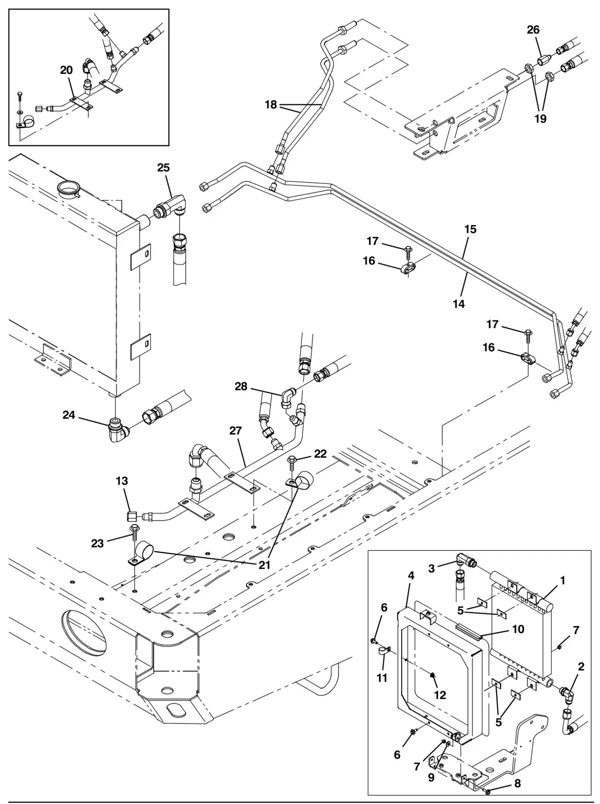 Tennant M30 Diesel hydraulic cooler and tubes group drawing, manual page 128