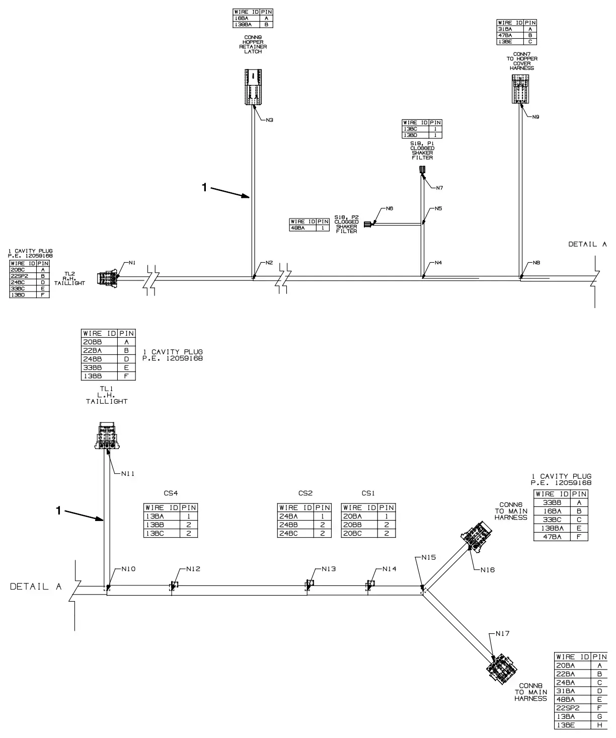Tennant M30 Diesel electrical wire harness group, hopper drawing, manual page 164