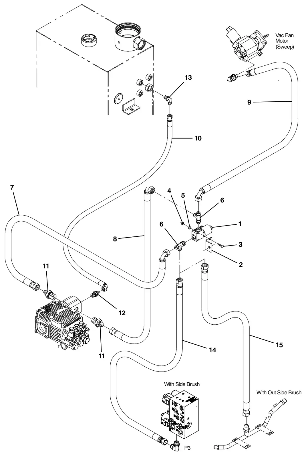 Tennant M30 Diesel pressure washer hydraulic hoses group (000000- 003999) (option) drawing, manual page 3-56