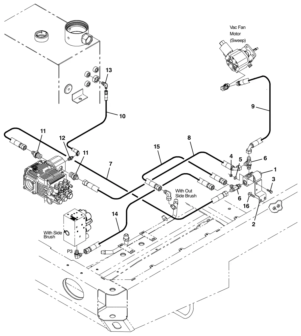 Tennant M30 Diesel pressure washer hydraulic hoses group (004000-) (option) drawing, manual page 3-58