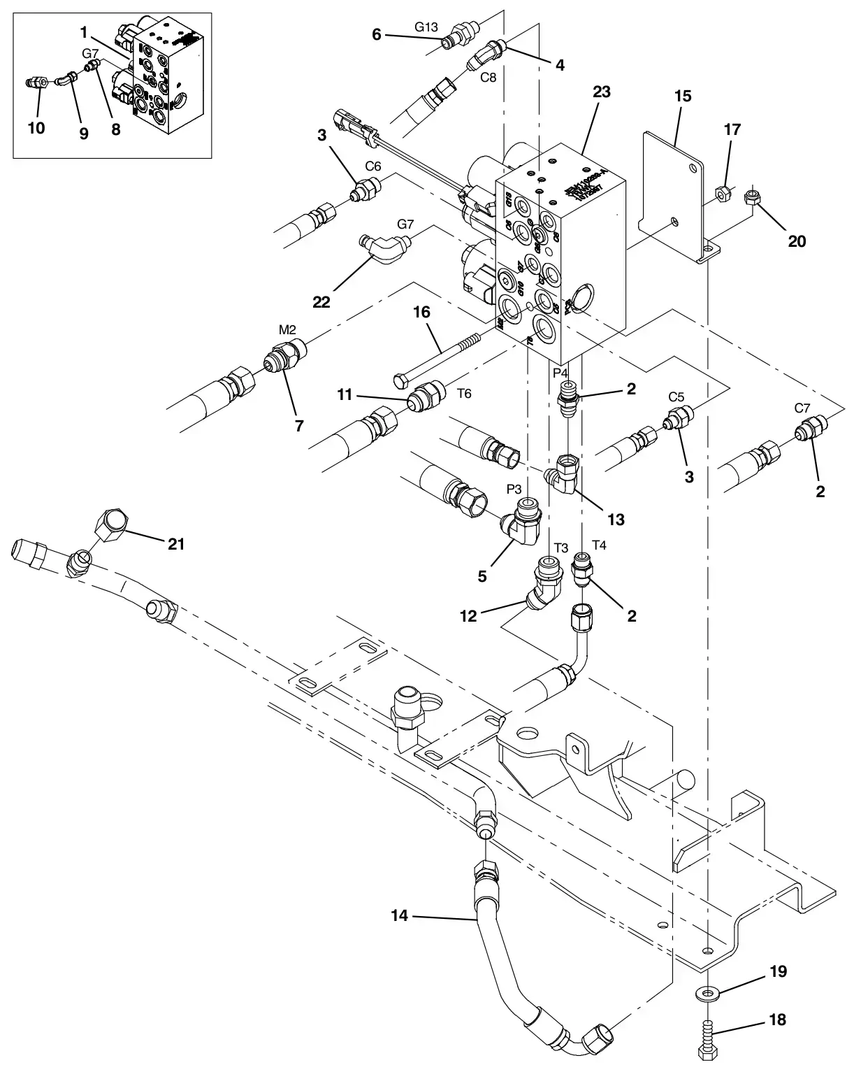 Tennant M30 Diesel side brush hydraulic valve group (option) drawing, manual page 3-14