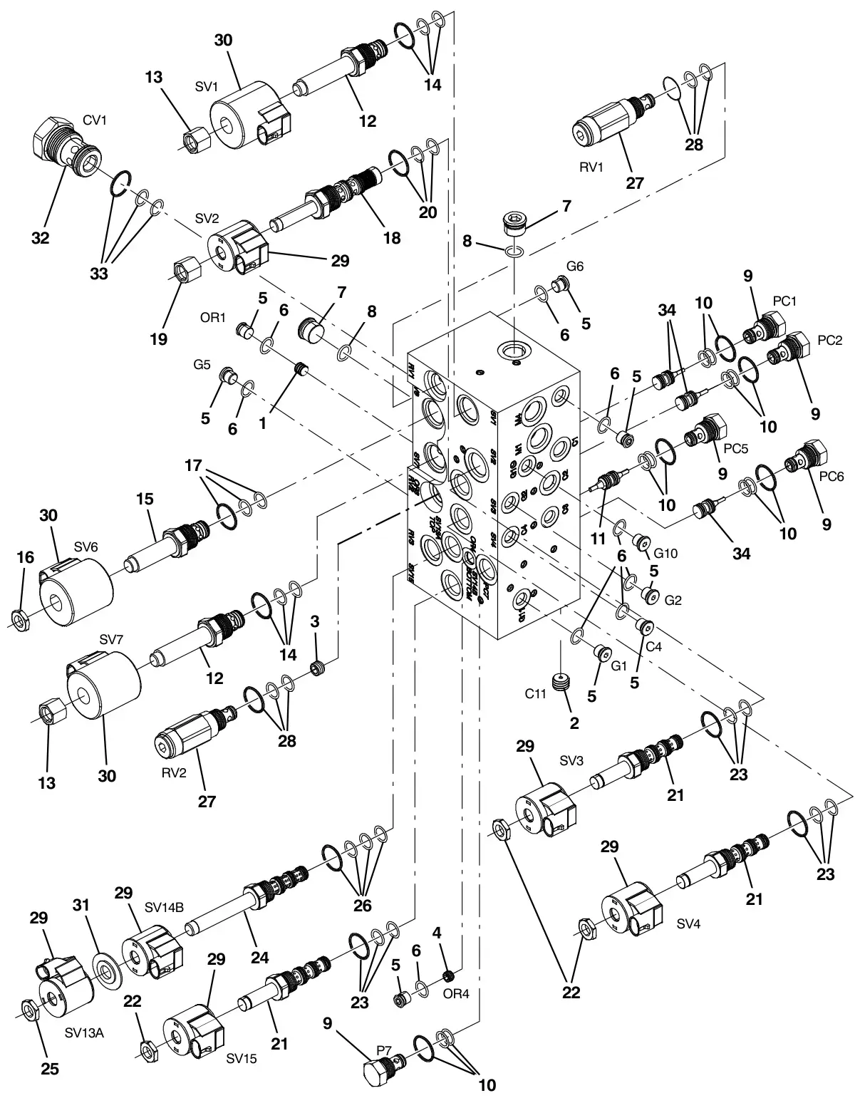 Tennant M30 Diesel hydraulic valve breakdown, 1038566 (component breakdown) drawing, manual page 4-14