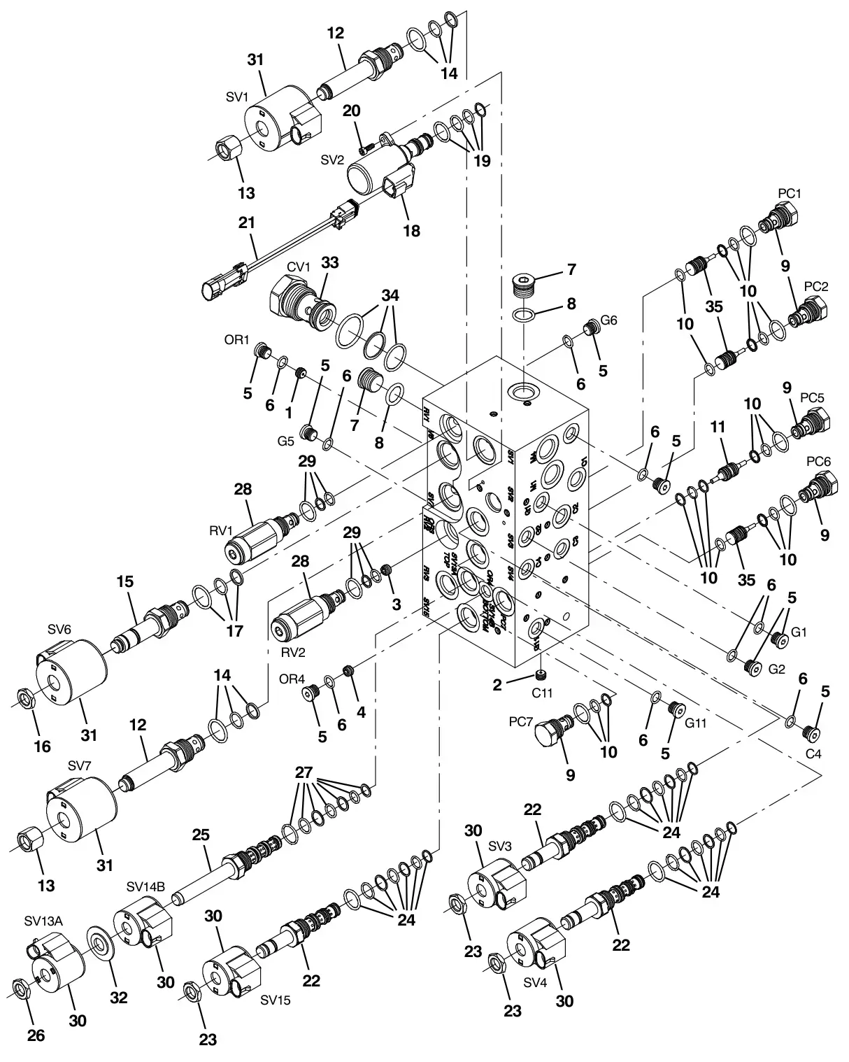 Tennant M30 Diesel hydraulic valve breakdown, 1072995 (component breakdown) drawing, manual page 4-16
