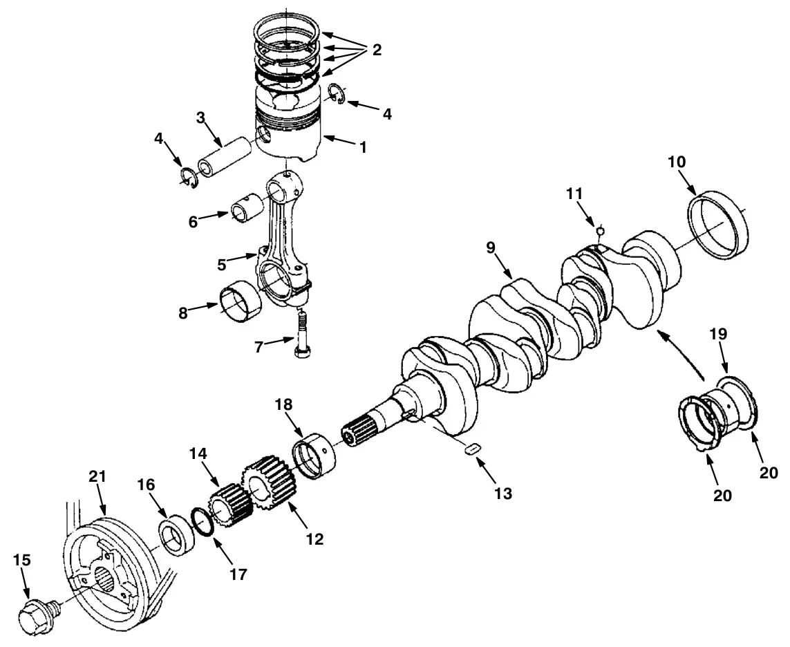 Tennant M30 Diesel piston and crankshaft group (engine) drawing, manual page 5-16