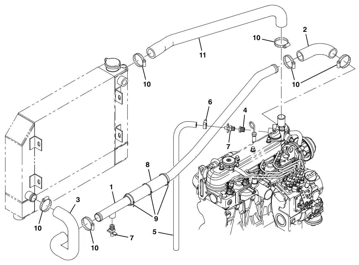 Tennant S30 Diesel engine radiator hoses group, diesel drawing, manual page 52