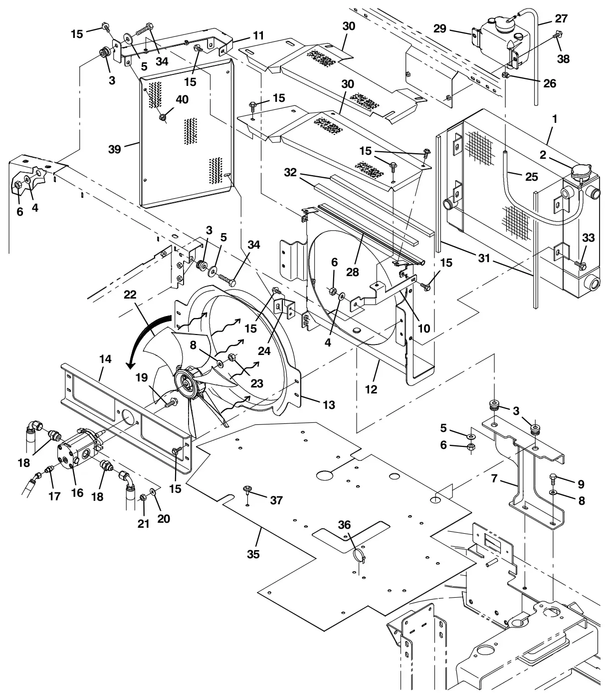 Tennant S30 Diesel engine radiator mount and fan group drawing, manual page 54